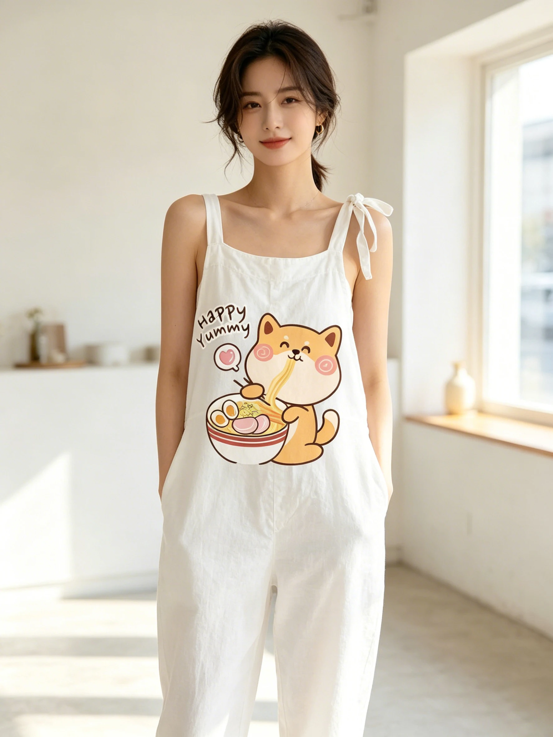

Women Sleeveless Bib Overalls Cute Shiba Inu Eating Noodles Cartoon Print Wide Leg Jumpsuit Kawaii Loose Baggy Rompers With Pock