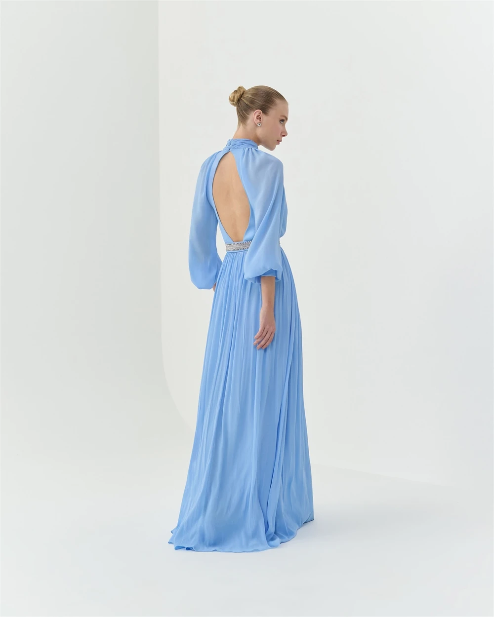 Customized Graceful V-Neck Chiffon Puff Sleeves Evening Dress Delicate Backless Party Dress Classic Front Slit A-Line Prom Dress