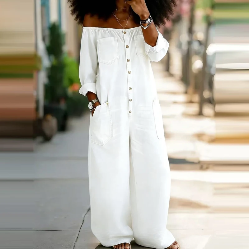 Sexy Off Shoulder Long Sleeve Loose Jumpsuit Fashion Single breasted Street Long Romper Women Casual Pocket Solid Denim Playsuit