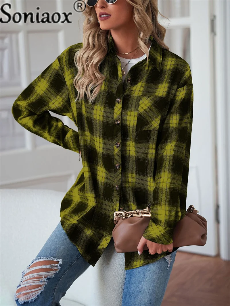 Flannel Plaid Shirt Women Autumn Loose Button Up Lapels Tops Casual Checkered Long Sleeve Blouse Ladies Pockets Basic Female New