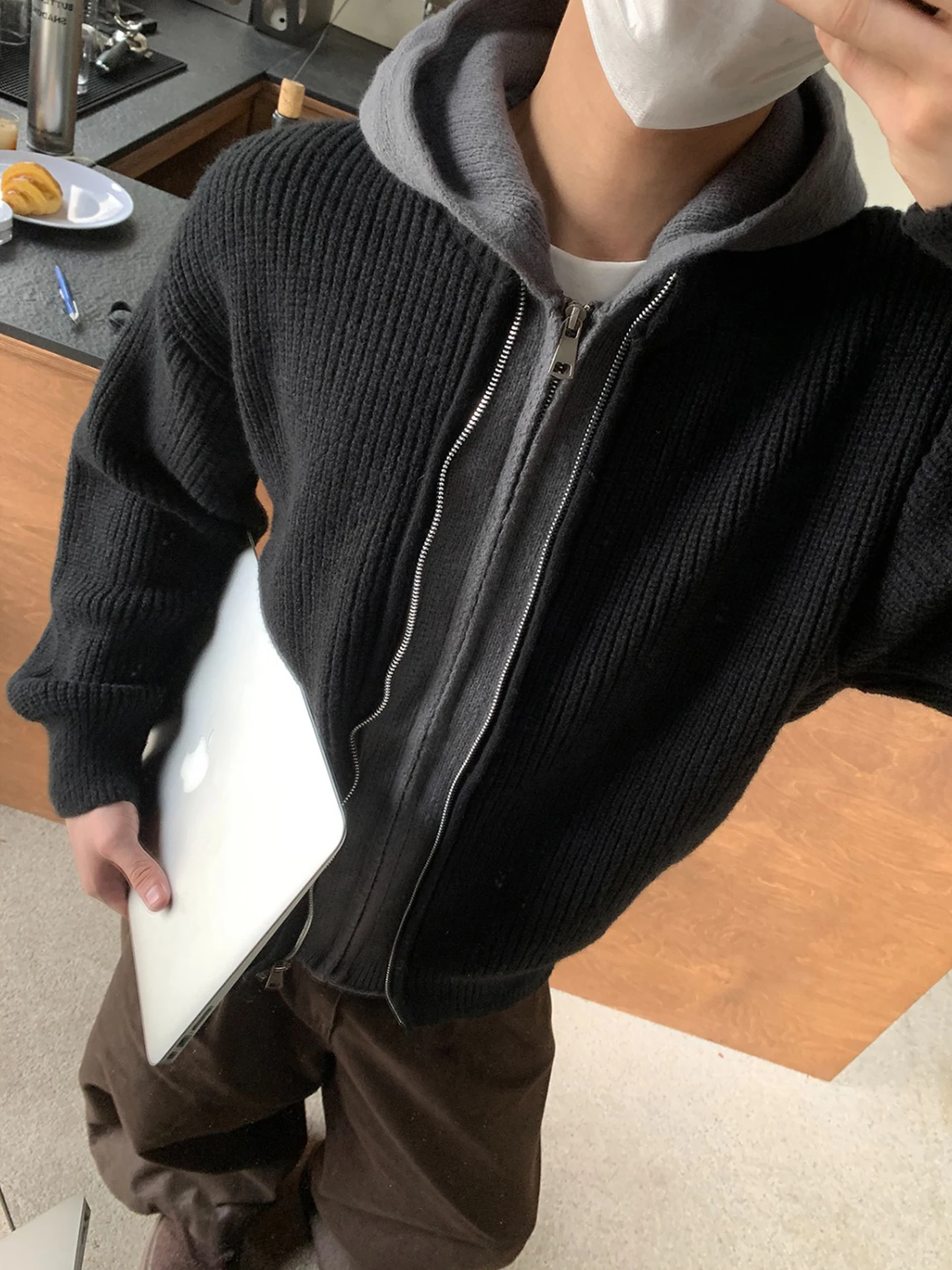 

Men's Thiened Hooded Knitted Sweater Casual Loose Fit Patchwork Outerwear Autumn Winter Warmth Couple's Open Cardigan