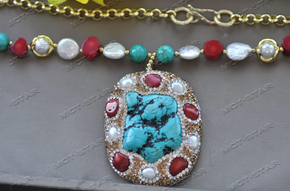 Z12301 20 "65mm جميع تشيكوسلوفاكيا الأزرق الفيروز الأحمر المرجان الأبيض اللؤلؤ قلادة قلادة #4