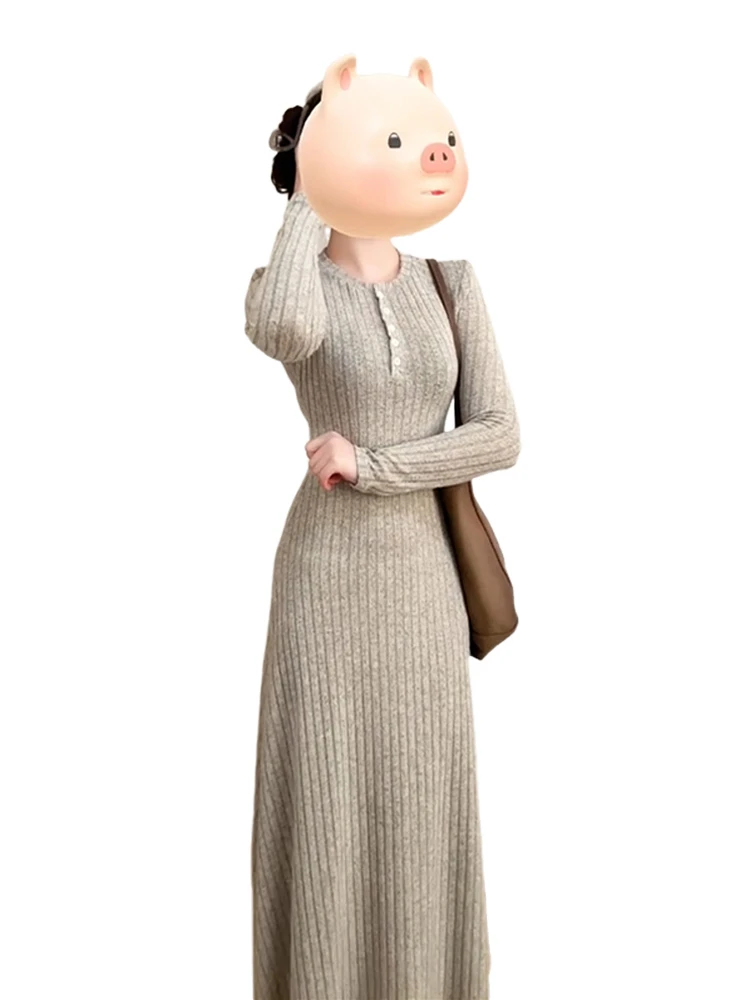 Koreaanse Sle Lange Sve Gebreide Dr vrouwen Thiened A-lijn Basisrok Herfst Winter Nieuwe Sle Afslanken Hoge Taille Dr