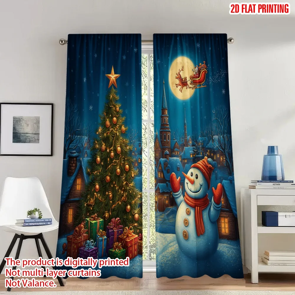 2pcs 2D flat printing Happy Christmas Scene Curtains Christmas Scene Snowman Santa Village Digital Printed Polyester Drapes