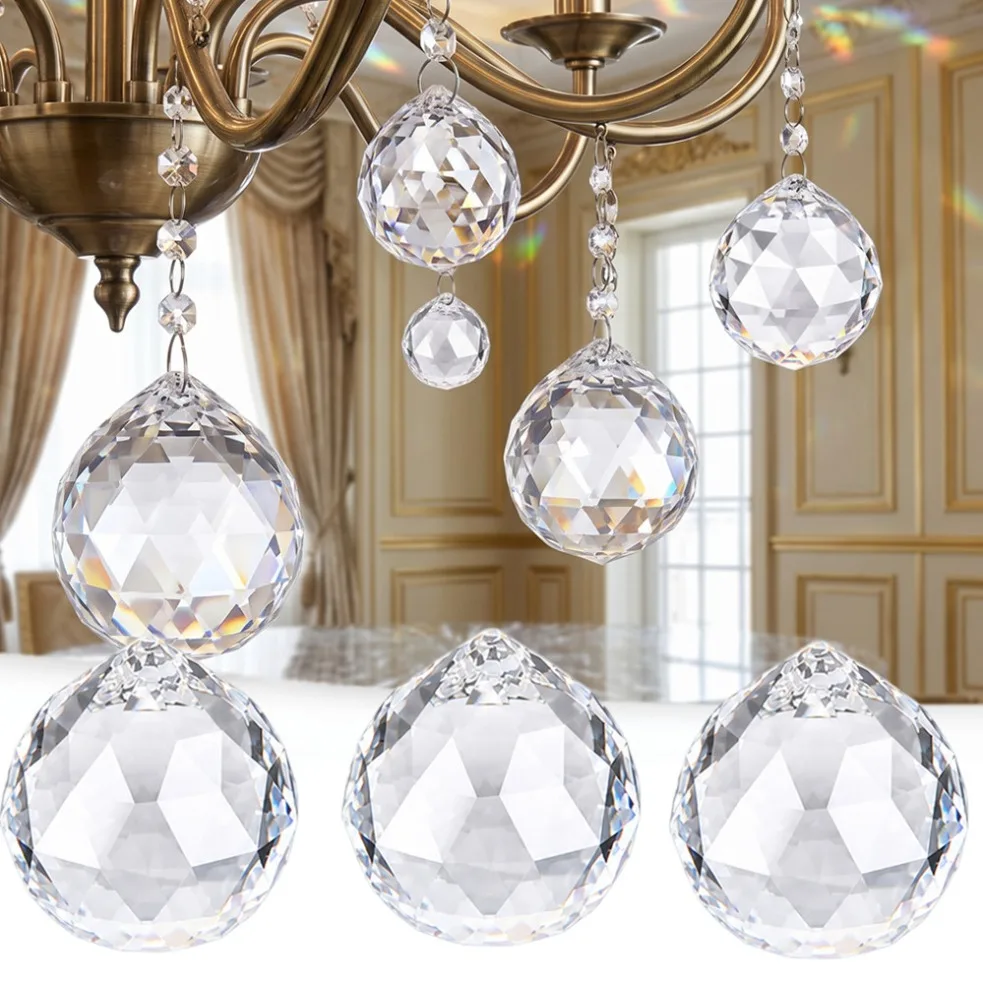 10Pcs 20-60MM K9 Crystal Ball Chandelier Parts Replacement Clear Glass Prisms Faceted Pendant DIY Bead Curtain Hanging Drop