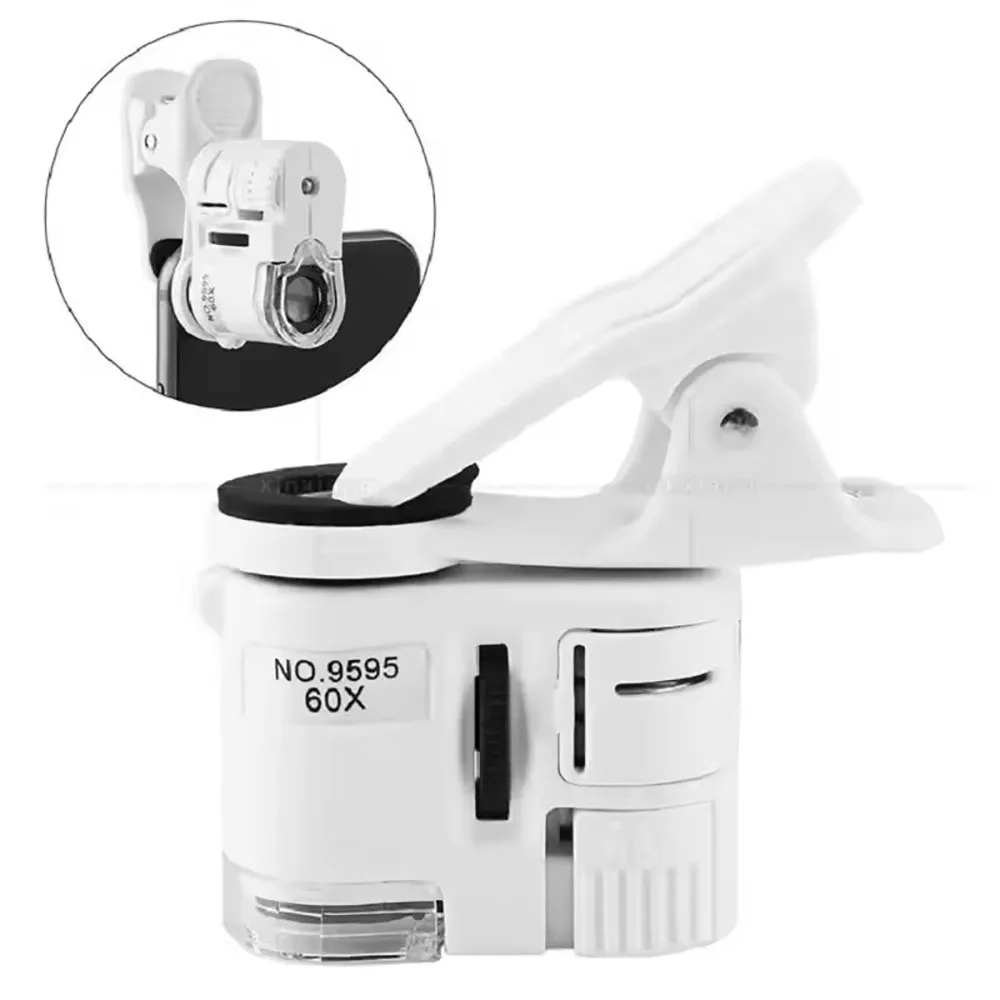 Image of 60X Clip-Mikroskop, LED-Schmuck, verstellbares Taschenmikroskop mit Lupenfokus und Handy-Clip, UV-Licht