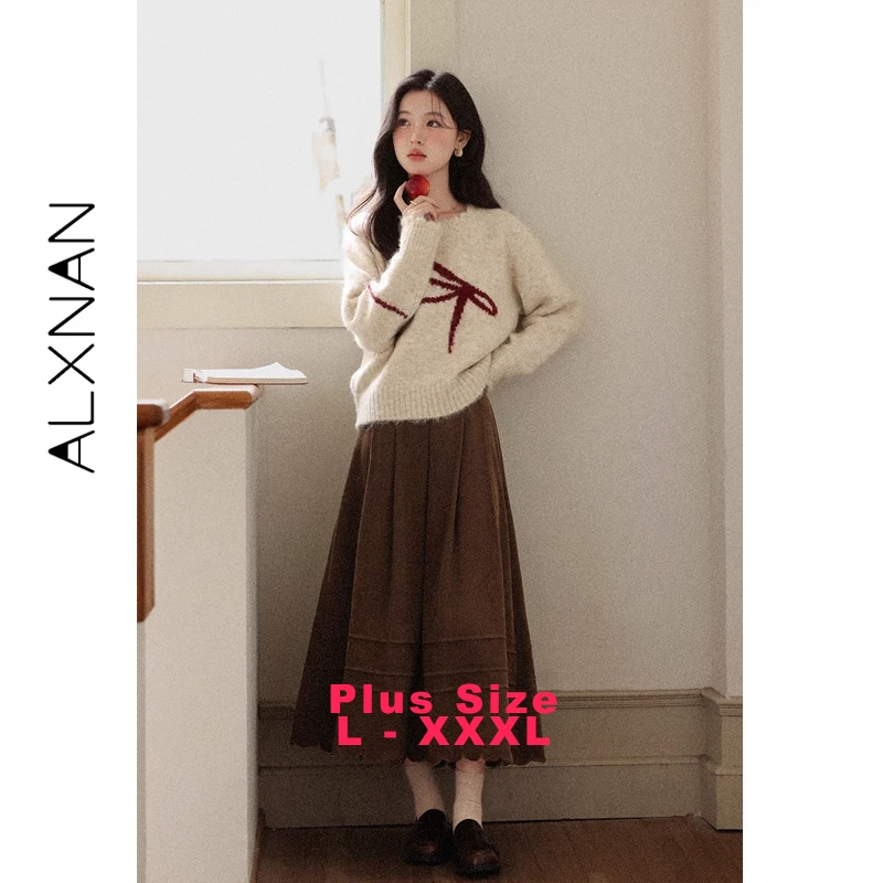 

ALXNAN винтажная юбка больших размеров для женщин, осень 202, длинные плиссированные юбки с высокой талией, повседневная модная кружевная дизайнерская женская одежда D13207