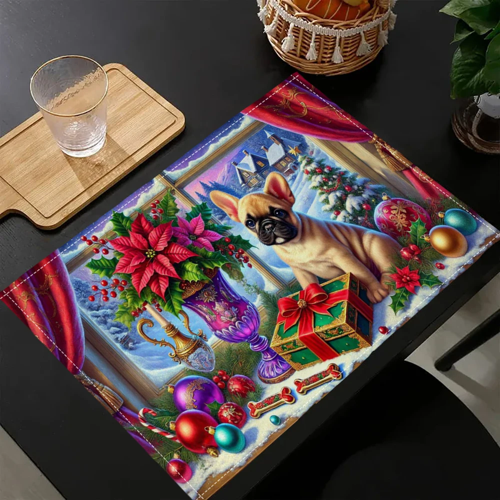 Christmas Dog Linen Dining Table Mats Alphabet Kitchen Placemat 30X40cm Coasters Pads Bowl Cup Mat 9-16
