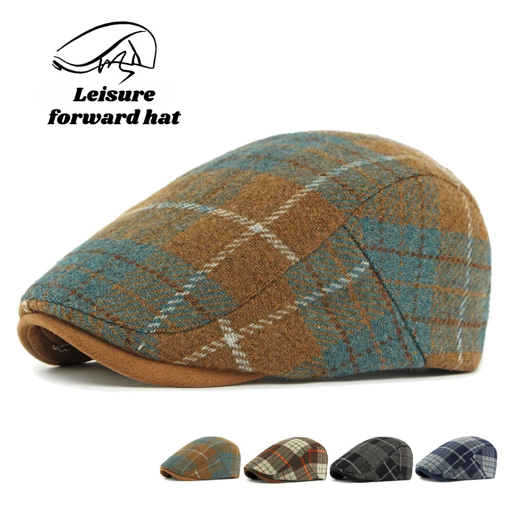 1 Stück achteckige Baskenmütze im britischen Retro-Stil für Herren, Wintermütze mit warmer Weizenstruktur und kariertem Fahrmütze, zweifarbige Golfmütze für Daliy Wear