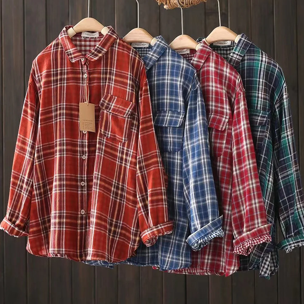 Large size blouses long sleeve 100% cotton yarn red plaid blouses for women fashion 2024 lapel checkered shirts y2k tops