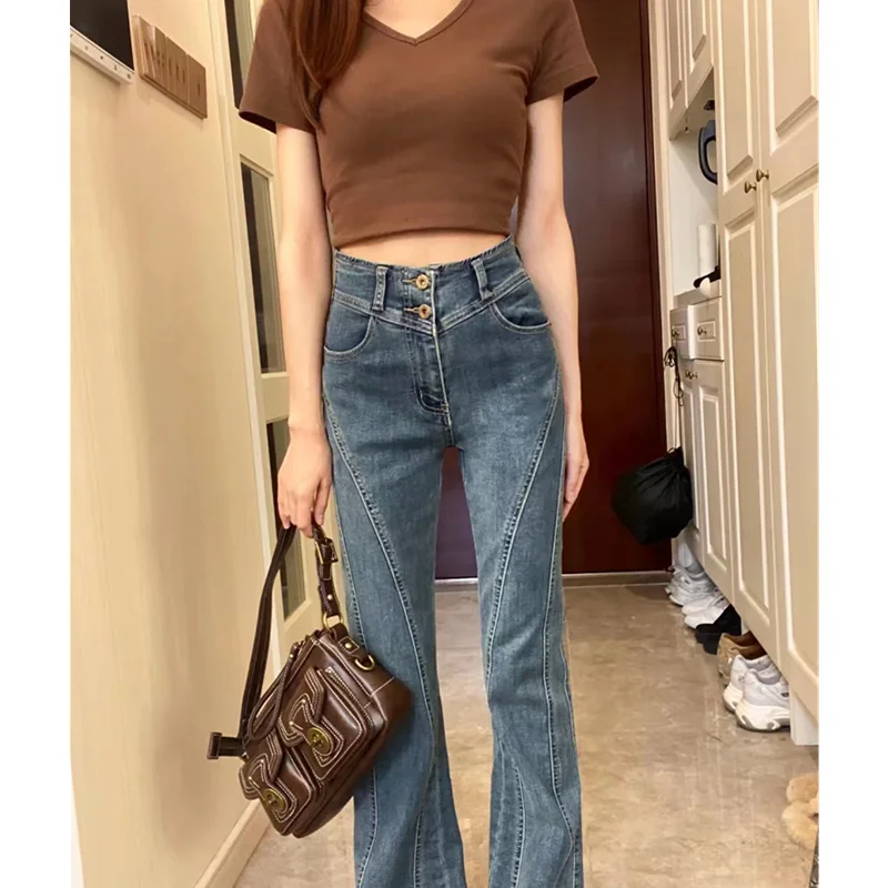 

Women's Clothing Denim Jeans Retro Rough Edges Slightly Flared Straight Leg Pants High Waisted Showing Slimming Mop on The Floor