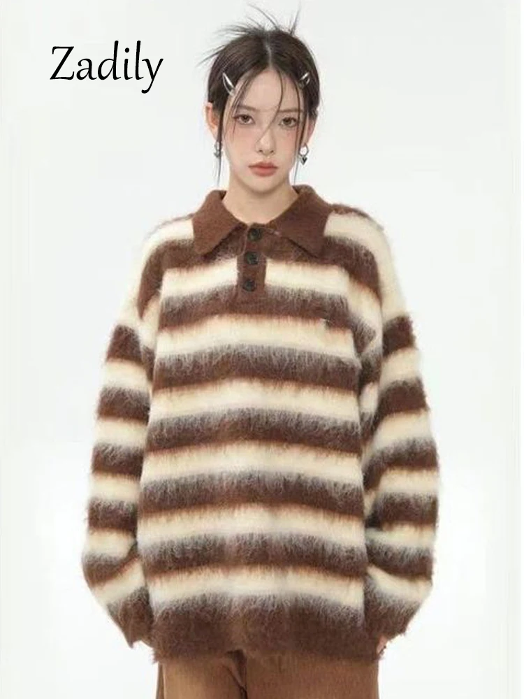 Zadily 2023 Winter Causla Long Sleeve Loose Women Striped Sweater Korea Style Mohair Turn Down Collar  Ladies Pullovers Clothing