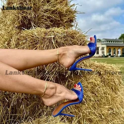 Blue Peep Toe Slippers Slip-On Concise 12Cm Stiletto High Heel Elegant Women Shoes High Slide 2024 Summer Zapatos Para Mujere