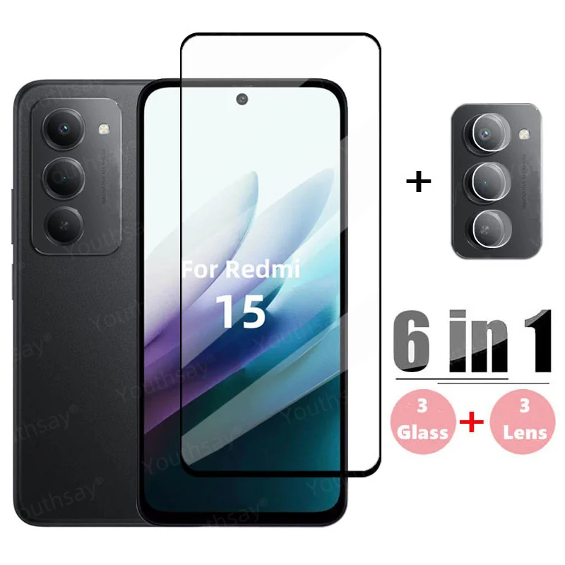 6in1 Glass For Redmi 15 Full Cover Tempered Glass Redmi 15 Screen Protector 9H Protective Phone Lens Film Redmi 15
