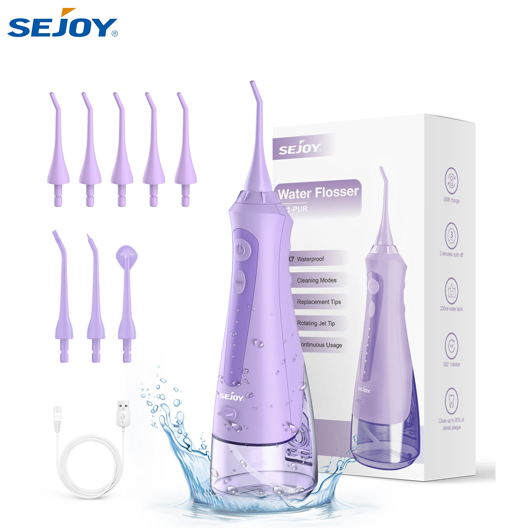 

Sejoy Water Dental Flosser Ирригатор для полости рта 8 струйных насадок 5 режимов IPX7 Водонепроницаемый портативный беспроводной очиститель зубов для дома и путешествий