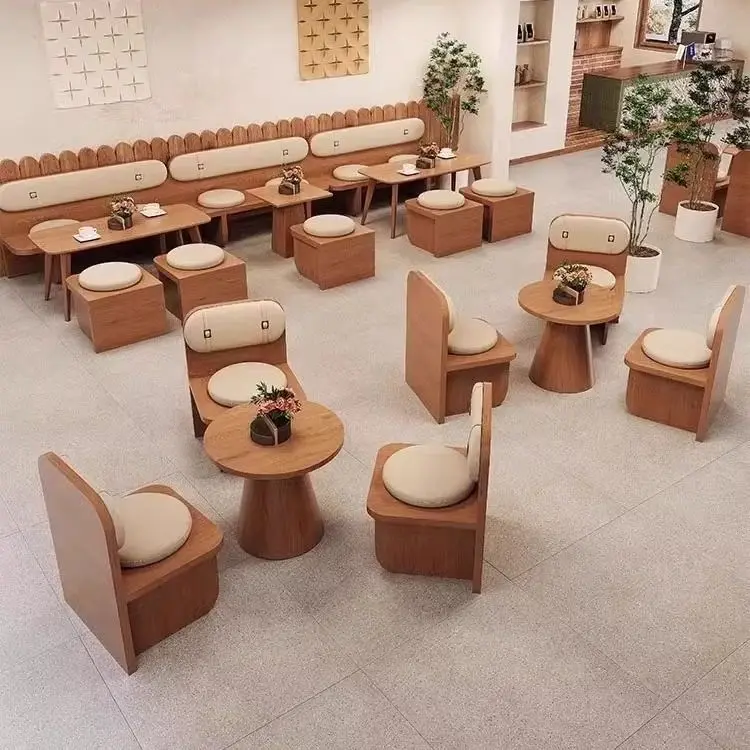 Modern Booth Sofa Milk Tea Shop Table and Chair Combination Cafe Retro Dining Table Commercial Catering Tea House Wall Seat