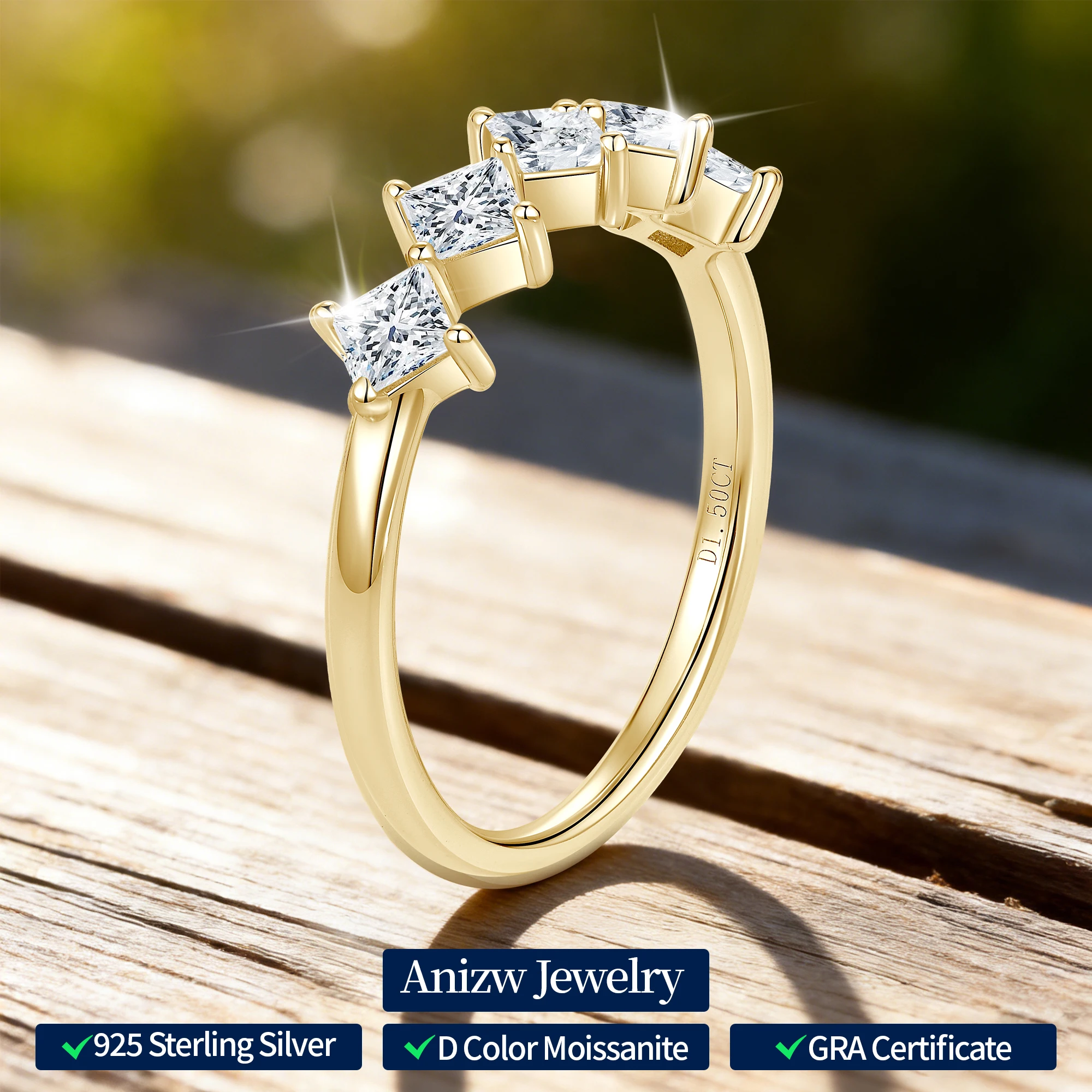 

2025 New 5 Stone 1.50ctw. Princess Cut D-E Moissanite Ring for Women 925 Silver 18k Gold Plated Certified 3x3mm Lad Diamond Band