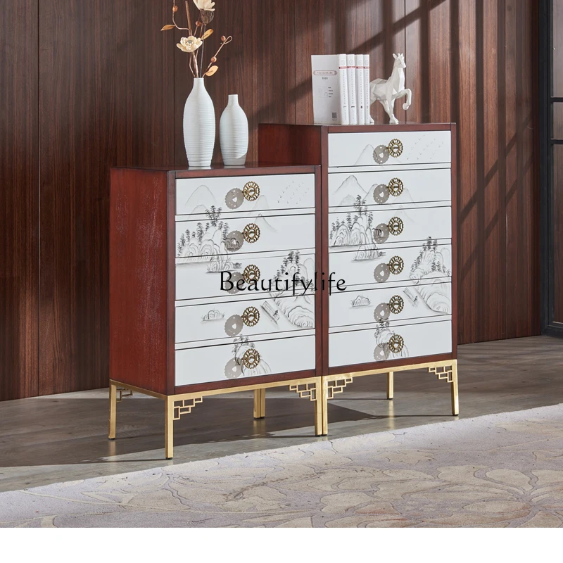 New Chinese-style solid wood large-capacity storage cabinet light luxury painted landscape painting drawer cabinet