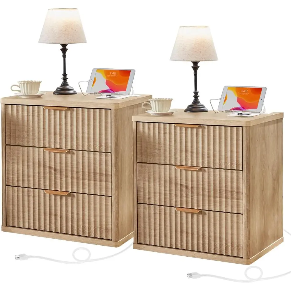 23 Wide Two-Piece Nightstand Set with Charging Station, 3 Drawers Large End Table, Natural Wood Bedroom Furniture