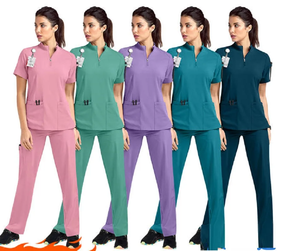Zipper Stand Up Collar ICU Short Sleeved Hand Washing Clothes Women Skin Management Nursing Clothes Medical Surgical Work Suit