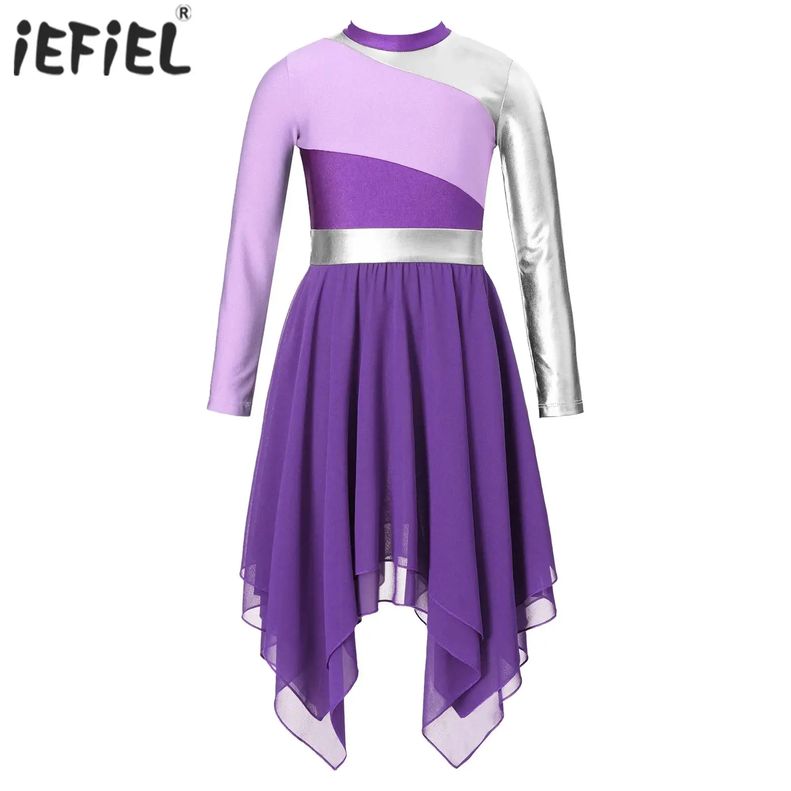 Robe de danse de louange contemporaine métallique pour enfants, robe d'église à ourlet irrégulier, costume de culte lyrique, performance liturgique pour filles