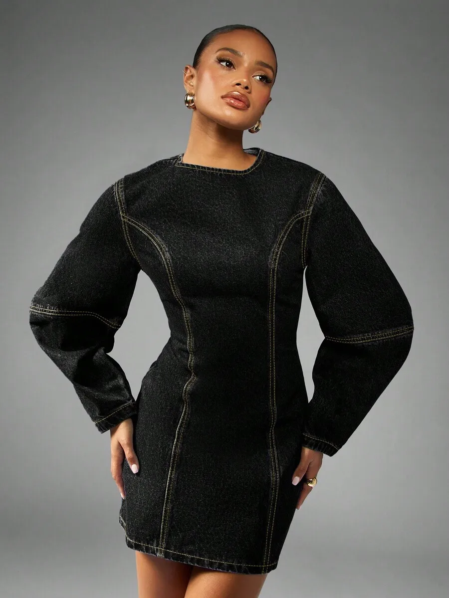 

Fitted Mini Denim Dress With Cocoon Sleeves And Contrast Stitching Casual