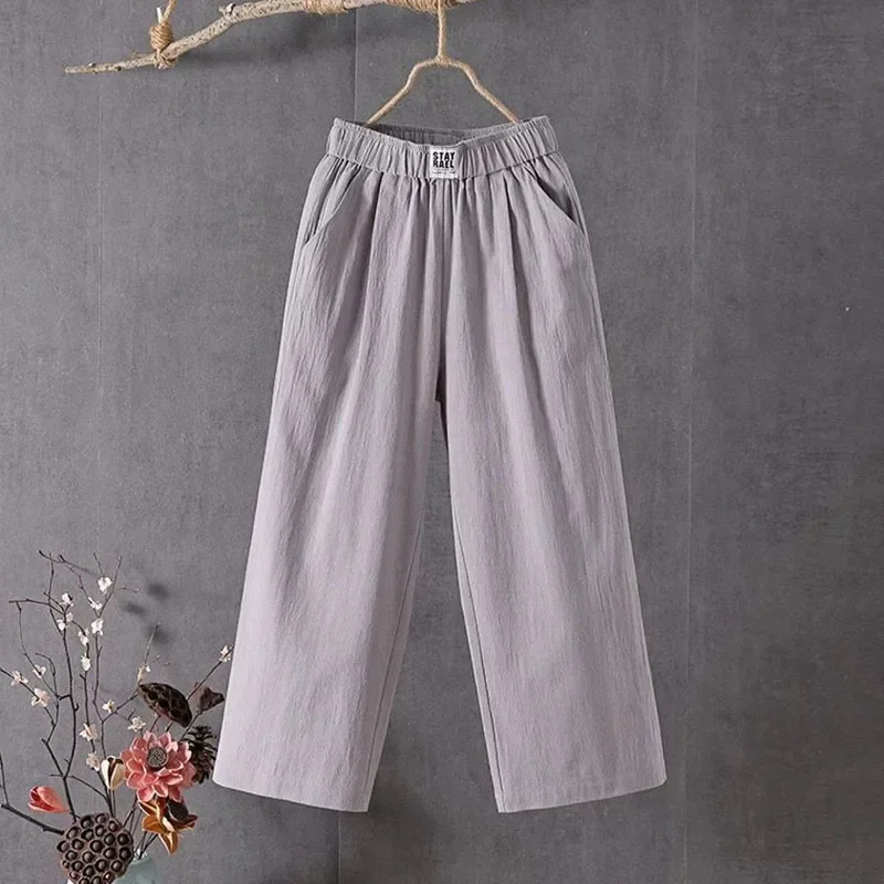 Summer Elastic Waist Women's Pants Casual Solid Cotton Linen Ankle Length Pants Female 2025 High Quality Loose Trousers