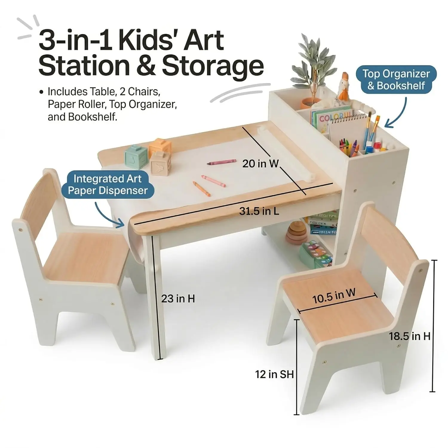 Art Table for Kids - 3 in 1 Kids Table and Chairs Set (2 Chairs Included), White Wooden Craft Table for Kids with, Customized
