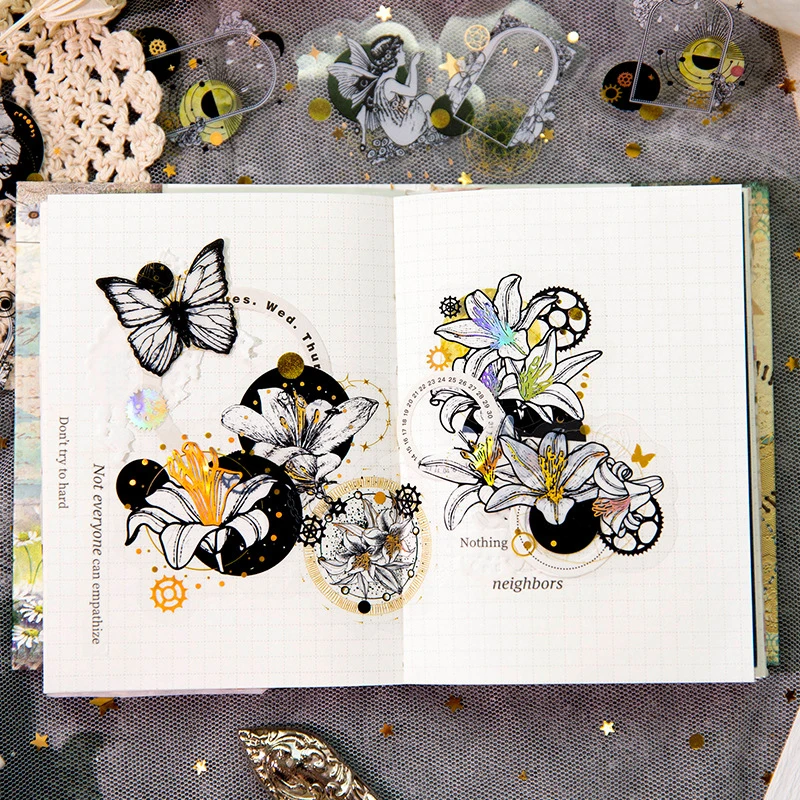 1pack/30pcs Black White Gold Foil PET Stickers Holographic Effect for Journal Kaka Card DIY Crafts