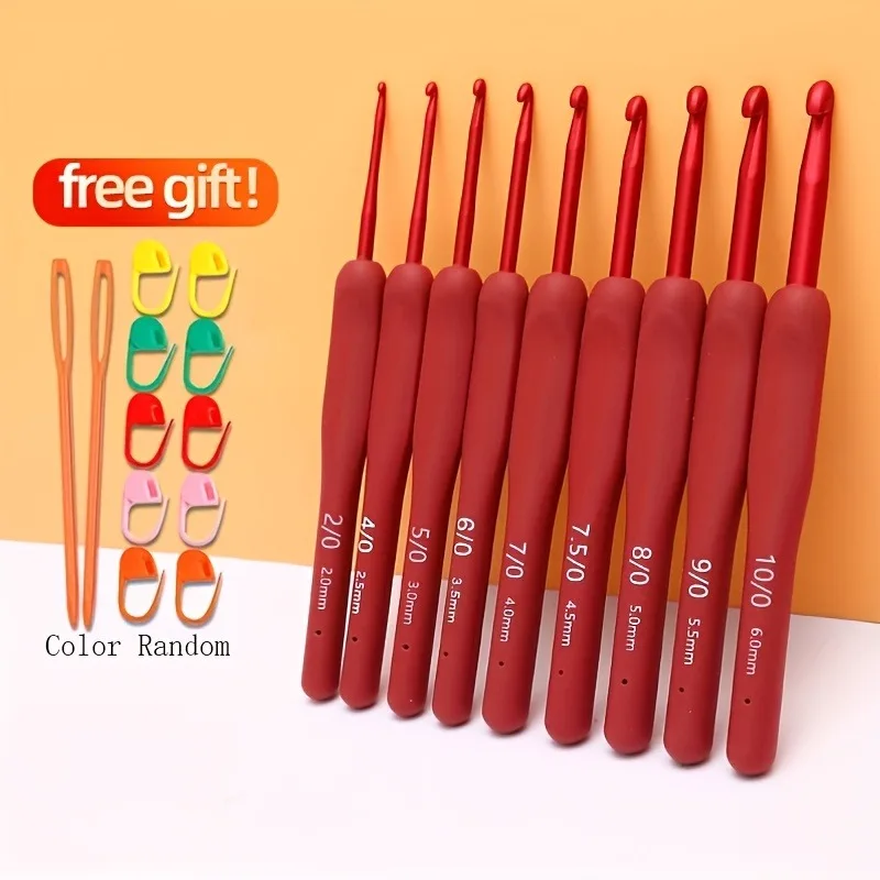 Red Crochet Hook Set 5/9 Pieces Soft Handle Stainless Steel Yarn Needle for DIY Doll Making And Sweater Knitting Handcraft Tools