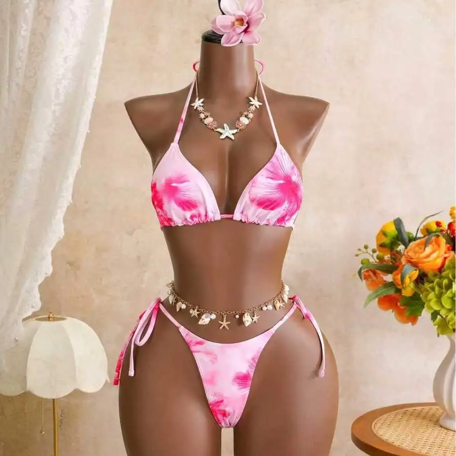 3-Piece Watercolor Floral Print Halter Bikini Set With Chain Belt And Side Tie Bottoms