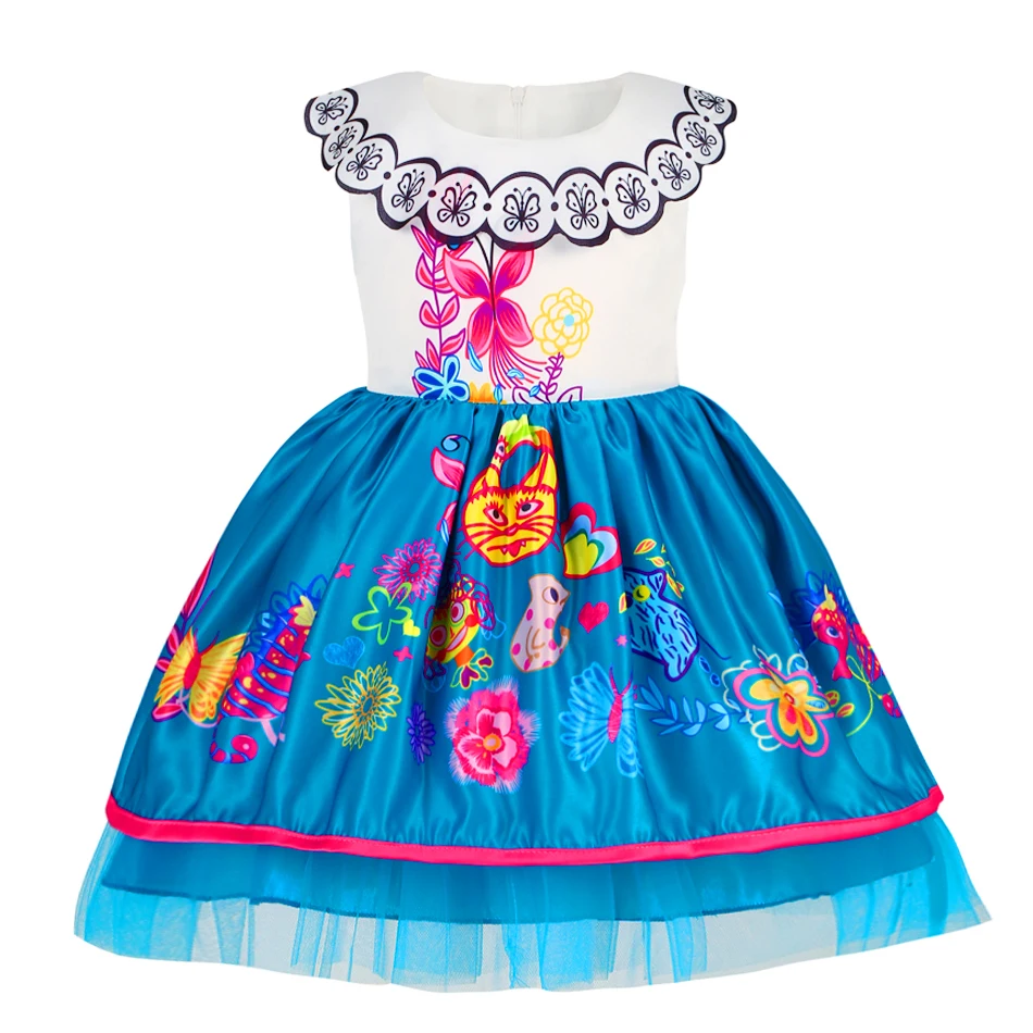 Mirabel-Kleid für Mädchen, ärmellos, Spitzenkragen, bunter Blumendruck, Tüll-Partykleid für Fiesta, Karneval, Geburtstag, Auftritt – Detail 2