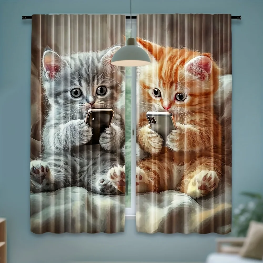Cute Phone Kitten Blackout Rod Pocket Curtain Grey Orange Fluffy Cat Smartphone Oil Painting Print Lovely Living Bedroom Window