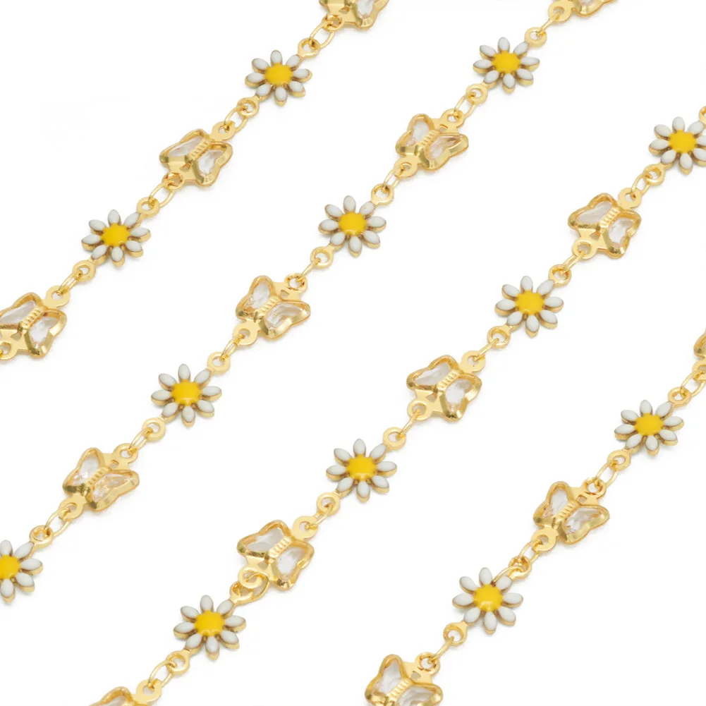 

1M Butterfly Daisy Flower Link Chains Soldered Chain with Glass Enamel Connector Charms for Bracelet Necklace DIY Jewelry Making