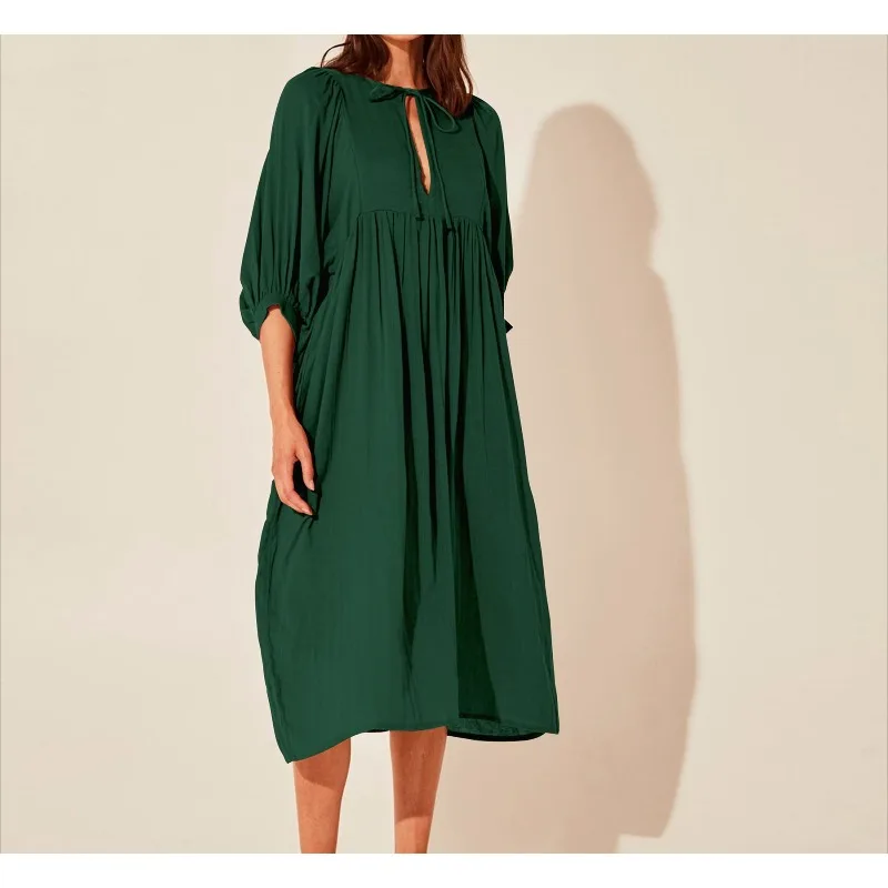 

2025 New Women's Autumn Collection Plus Size Loose Long Sleeve Lantern Sleeve Casual Vintage Solid Color Long Dress
