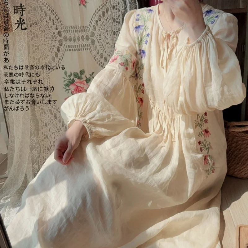 TIYIHAILEY Spring Autumn Women Ladies Linen Embroidery Dress Lantern Full Sleeve Fashion 2025 New Long Mid-Calf Ladies 2pcs