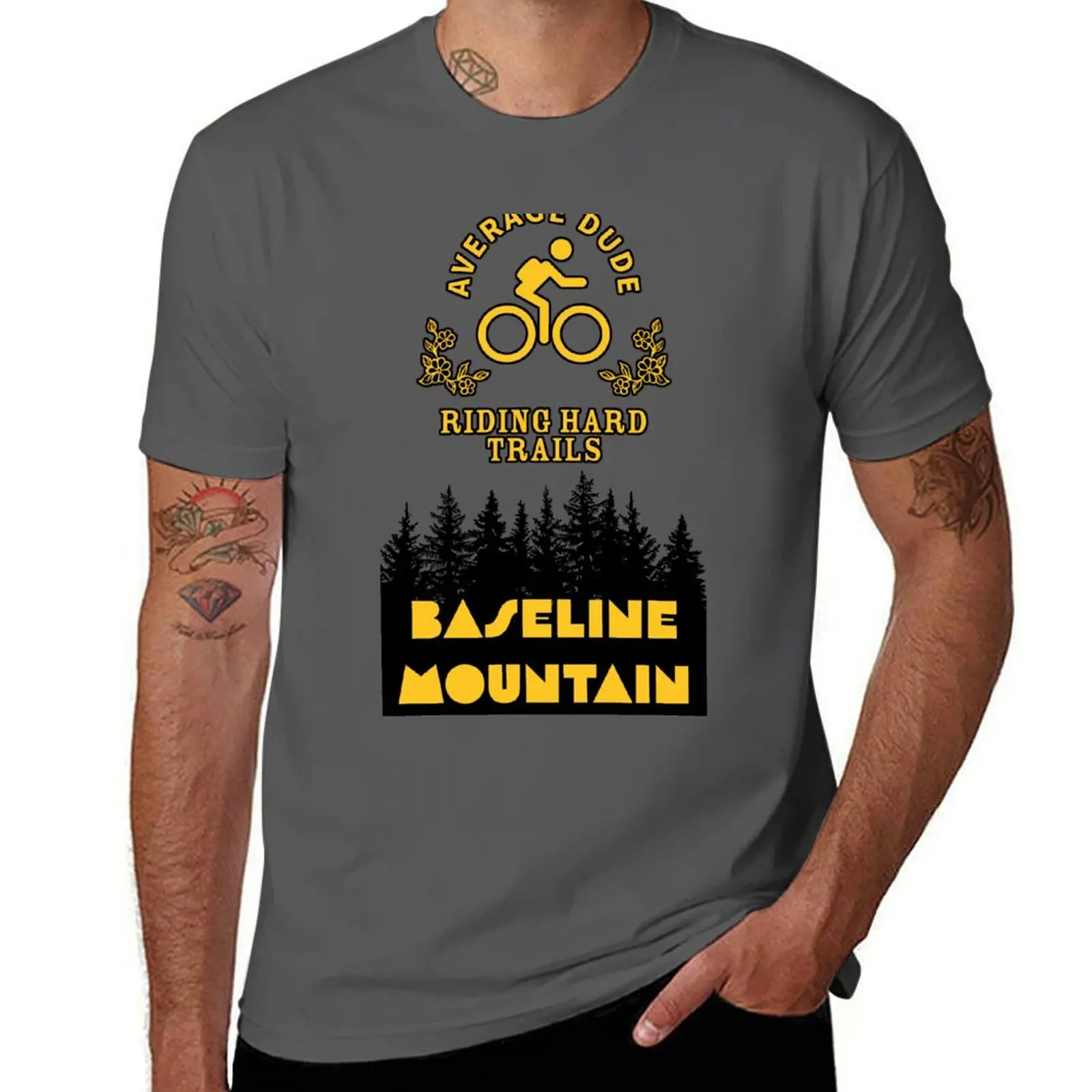 Average dude riding hard trails - Baseline Mountain - Flegrei font T-Shirt cheap stuff plain black t shirts for men