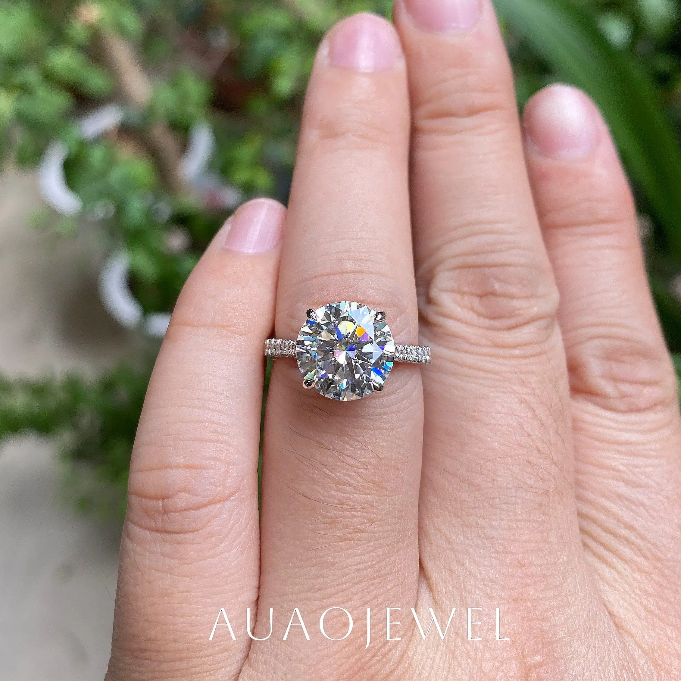 AUAOJEWEL 4Carat Moissanite Wedding Ring 10Mm Round Cut Womens Engagement Rings 925 Sterling Silver 9K 14K Real Gold Jewelry