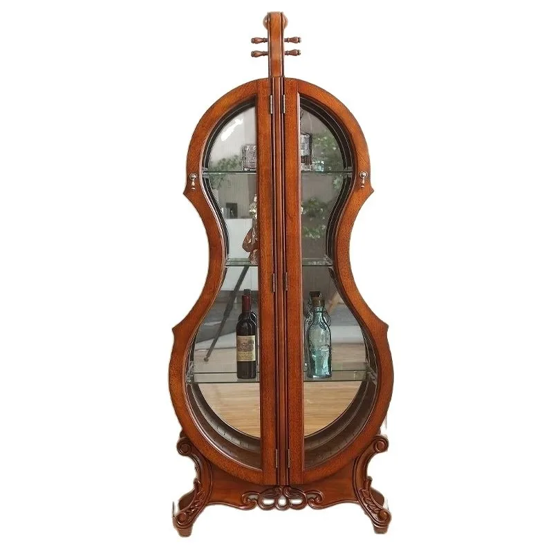 European solid wood carving flower door glass Baijiu cabinet, wine glass American cello living room decorative locker