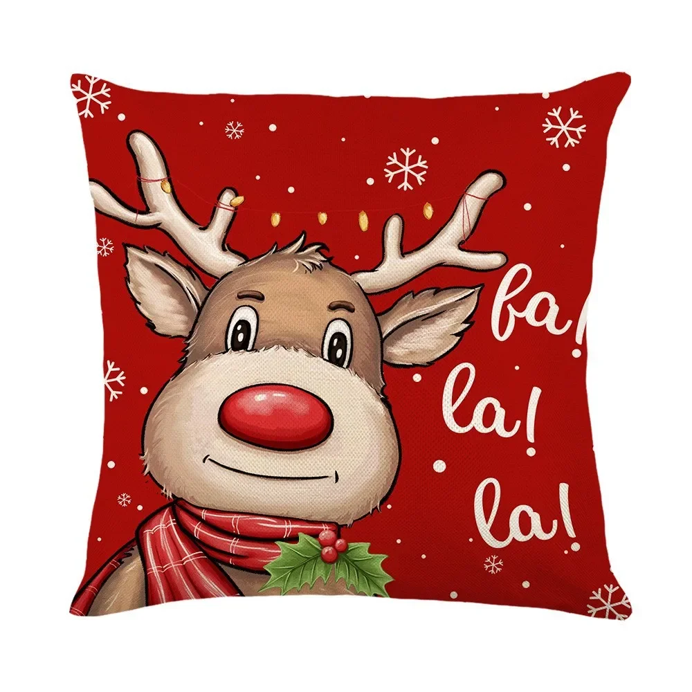 Red Christmas Pillow Cover Cute Santa Claus and Reindeer Pattern Cushion Covers Machine Washable Pillow Covers Holiday Party