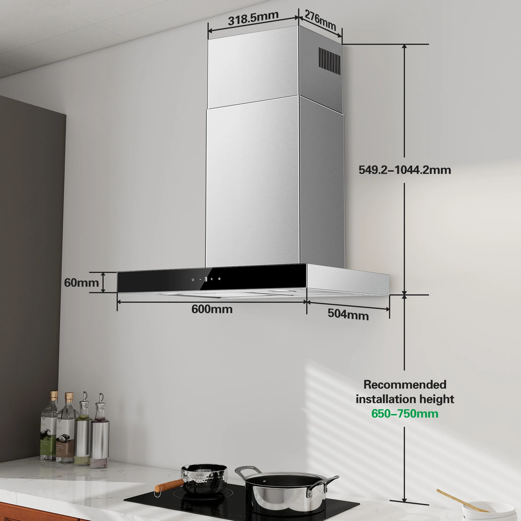 Topstrong 60 cm Wandmontage, 400 m3/h A+++, LED-Touch-Control-Abluftventilator aus Edelstahl, leise, 52 dB, Küchenhaube – Detail 7