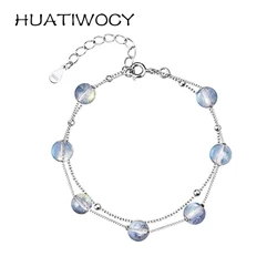 Trendy Bracelet for Women 925 Silver Jewelry with Moonstone Double Chain Hand Accessories Wedding Party Birthday Banquet Gifts