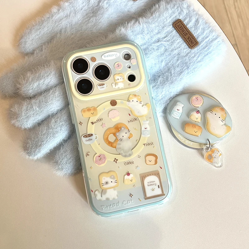 Kawaii Cartoon Bread Cat Magnetic Phone Case For iPhone 17 Pro 15 14 16 Pro Max Cover with Magsafe Stand Holder Cute Cases Funda view 5