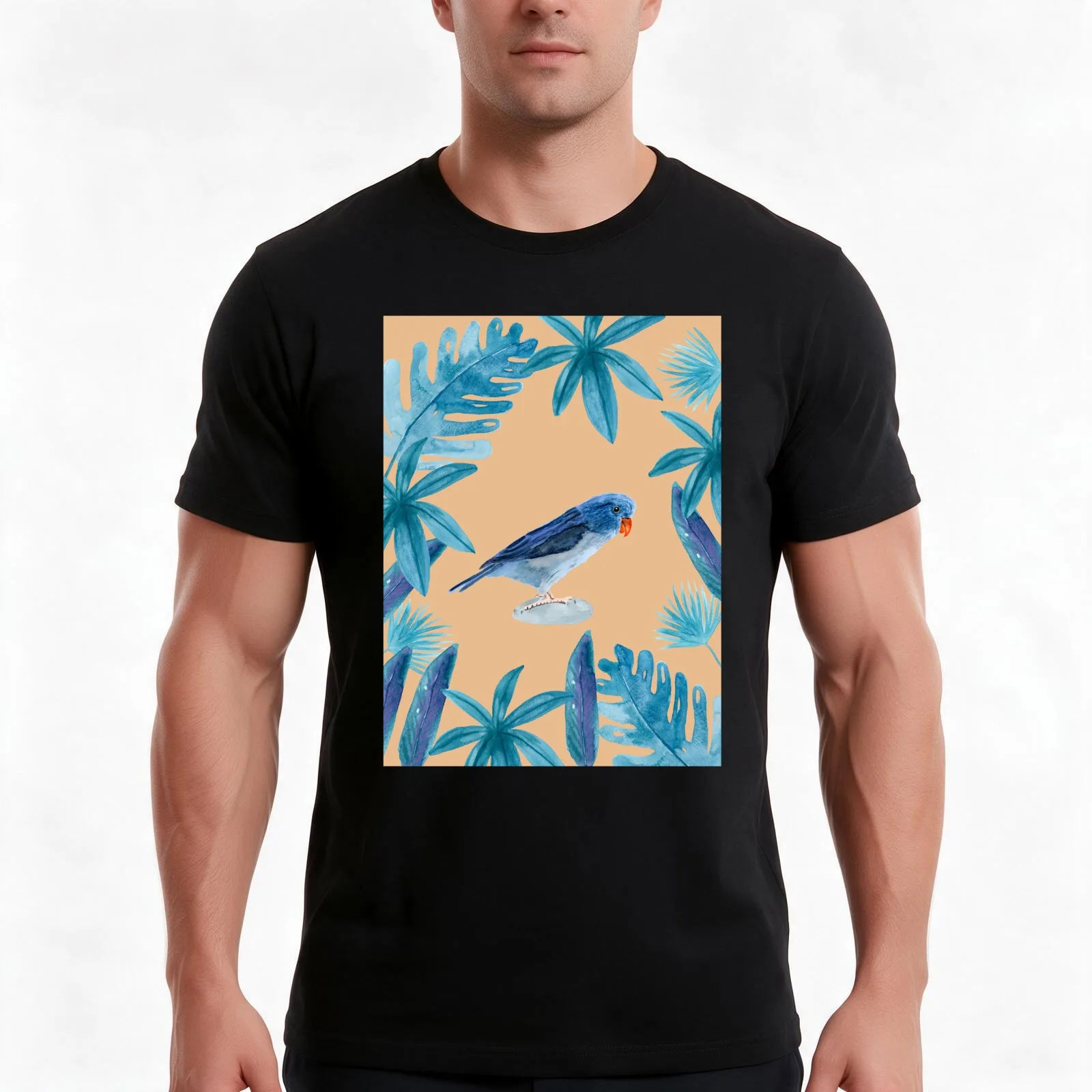 Blue Pacific Parrotlet with tropical leaves and a coral background T-Shirt, Summer Casual Cotton Tee, Oversized Streetwear Tops
