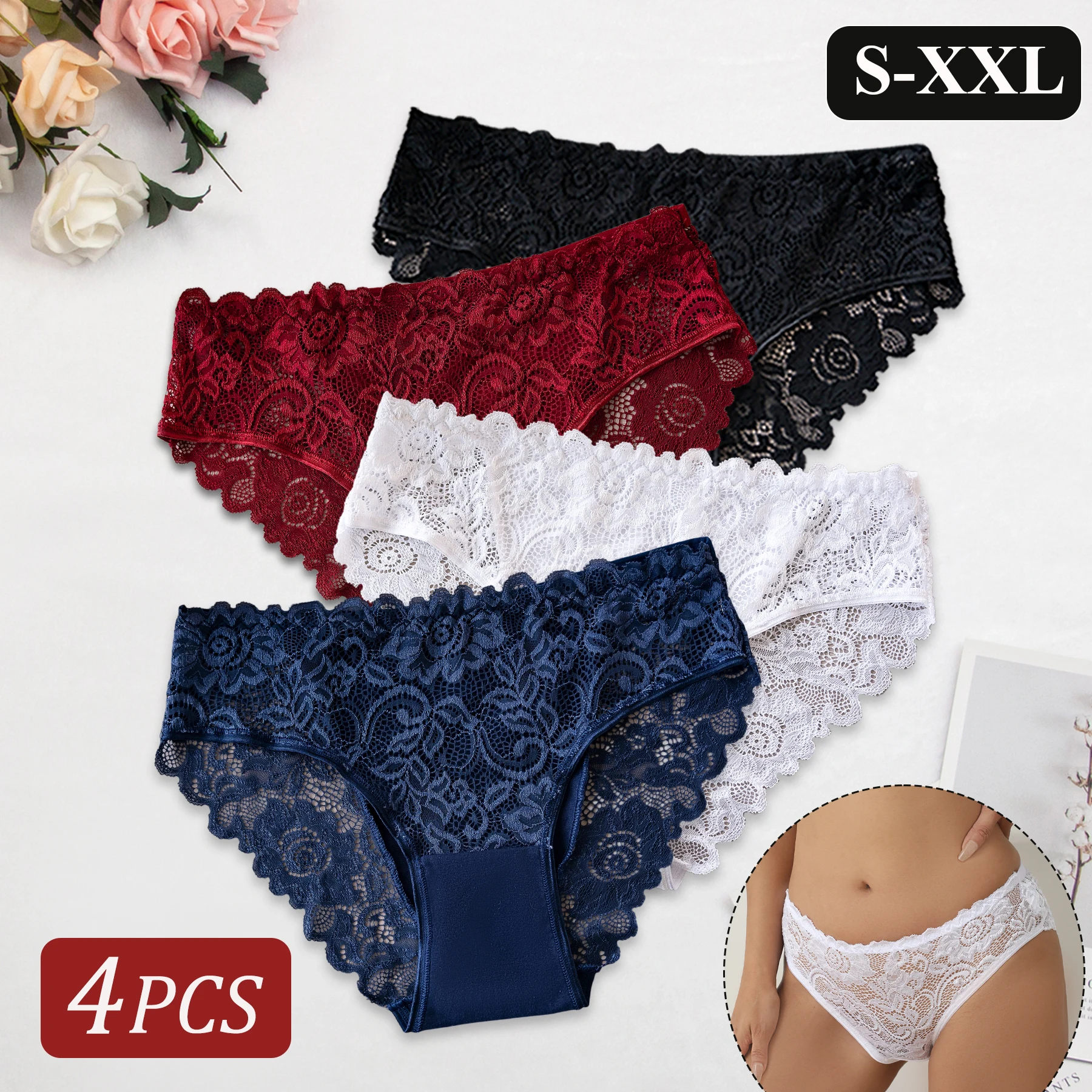 

4 шт., женское элегантное кружевное нижнее белье с цветочным принтом, однотонные удобные хлопковые трусики, сексуальные трусы, нижнее белье на каждый день и особых случаев