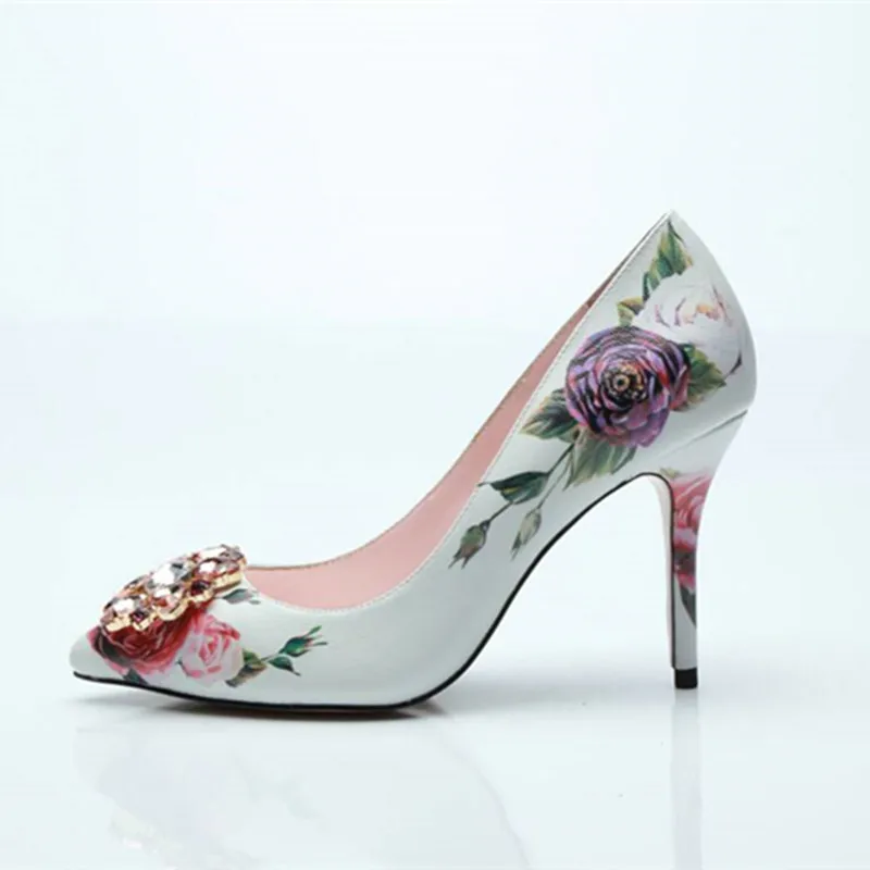 

Beauty peony Flower PrintIng leather Bridal Pumps Diamond Pointed Toe High Heels Gem Crystal Slip on Party Dress Shoes Woman