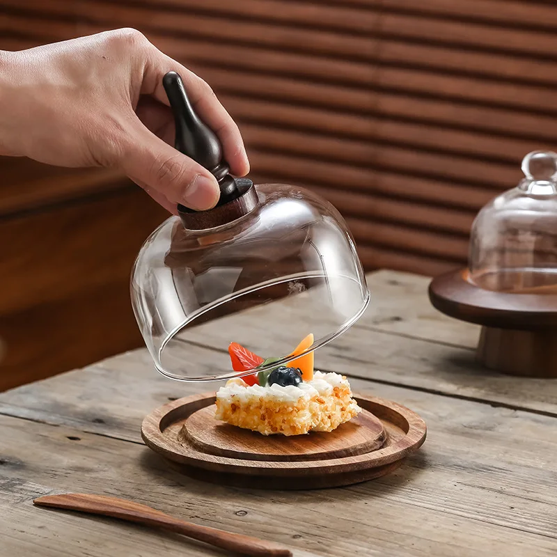 صينية كعكة خشبية كلاسيكية ورائعة، عرض الحلوى، صندوق زبدة حامل الخبز، مع غطاء زجاجي غطاء غبار أدوات المائدة المنزلية