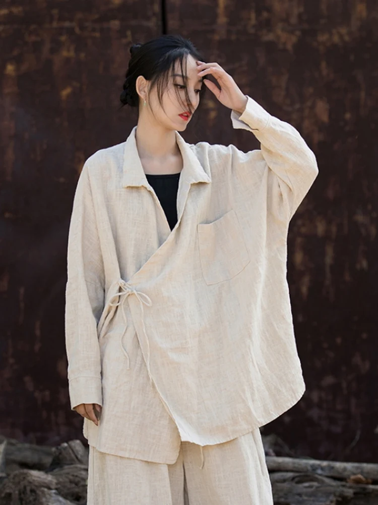 

Retro Artistic Zen Sle Tea Clothes Open Cardigan Women's Spring Autumn New Chinese Cotton Linen Belted Long Sve irt Top