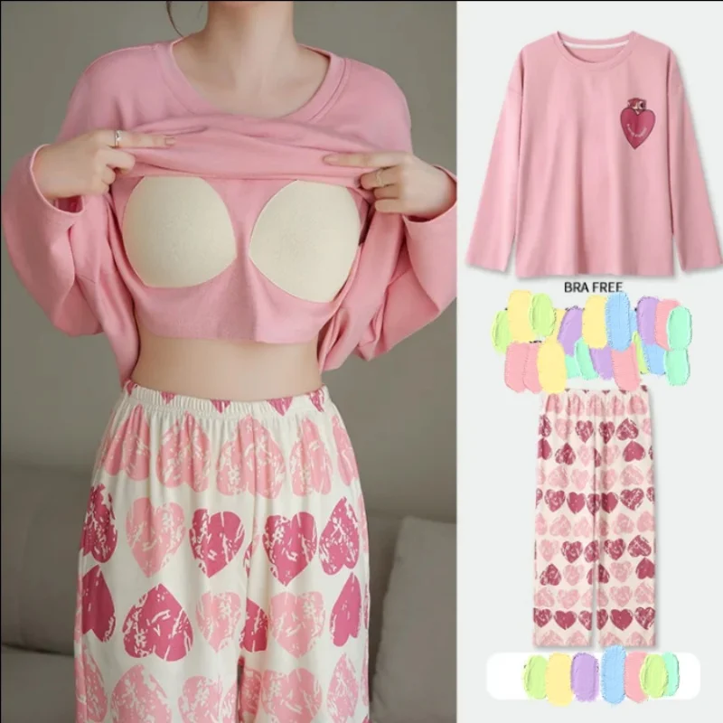 2PCS/Set Women Big Size with Chest Pads Pajamas Spring Autumn and Winter Long-Sleeved Headset Loose Homewear Can Be Worn Outside