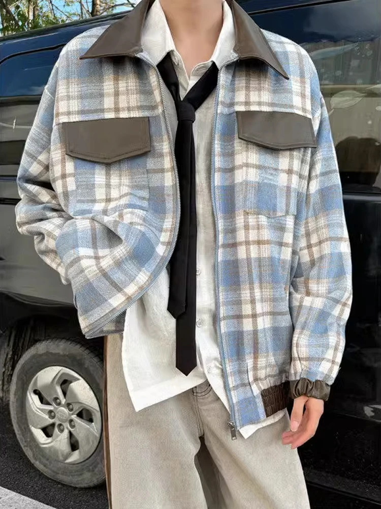 

Retro American PU Leather Plaid Jaet Men's Spring Autumn High End CleanFit Collar Coat Loose Fit Iron Free Faionable